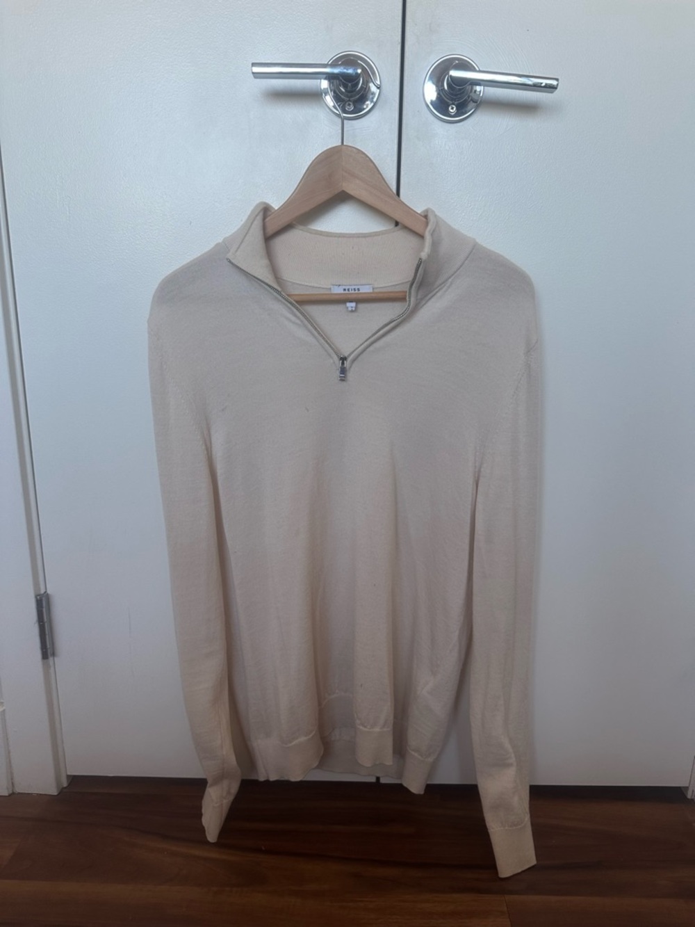 Reiss Men's 100% Merino Wool Quarter-Zip Sweater - Cream